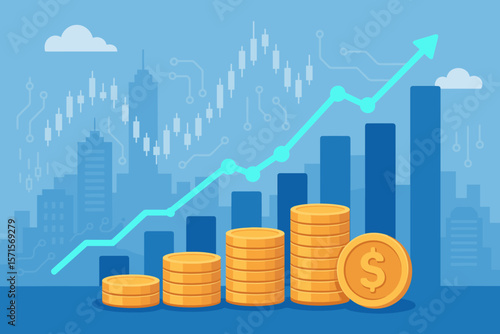 Financial investment growth concept. Stacks of gold coins, rising bar chart, upward arrow, trading graph. Banking, finance, digital economy, cryptocurrency, stock market success