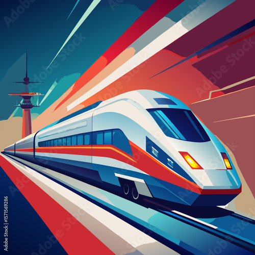 Fast Modern High-Speed Train Traveling at Speed