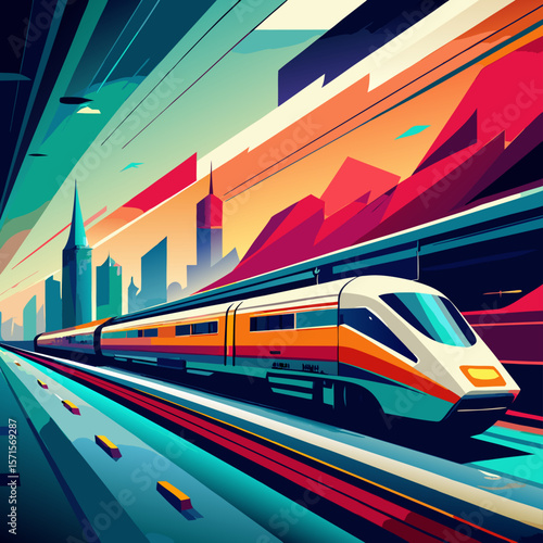 High-Speed Train Traveling Through Cityscape, Modern Illustration