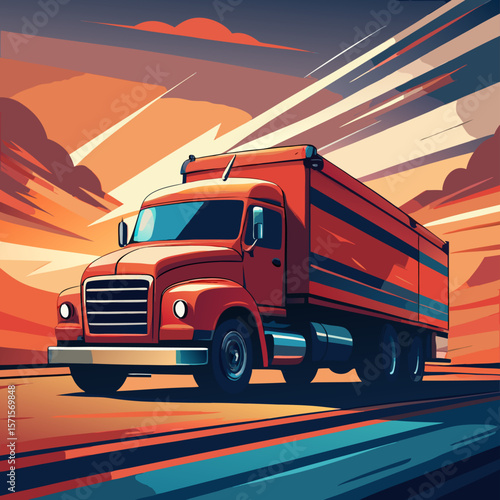 Vintage Red Semi Truck Driving on Road at Sunset