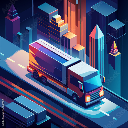 Isometric Night City Truck Delivery - Cargo Transportation