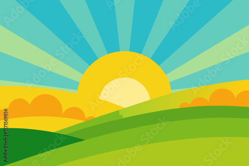 Summer Fields With Rolling Hills And A Sunburst Sky