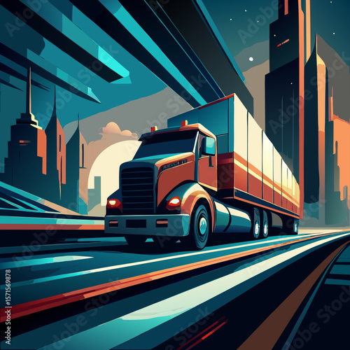 Semi Truck Driving on Highway at Night, Futuristic Cityscape