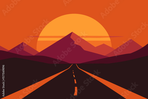 Sunset Behind Flat Layered Mountain Ridges With A Road