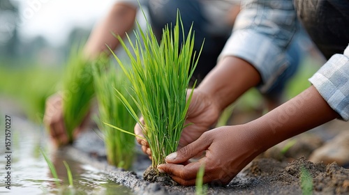 Young women and a man work together to plant paddy seedlings in a flooded field at sunset, showcasing traditional farming practices