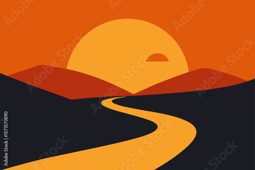 Vector Sunrise With Silhouettes Of Hills And Winding Road