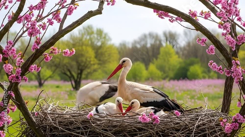 Stork family nest springtime