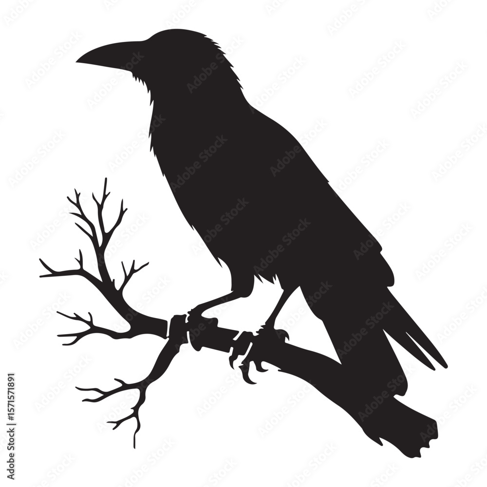 Fototapeta premium Crow sitting on dry tree branch silhouette isolated on white background. Icon vector illustration design.