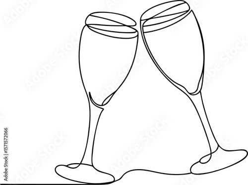 Minimalist One Line Art Illustration of Clinking Wine Glasses, Ideal for Party Invitations, Wedding Themes, and Festive Events.