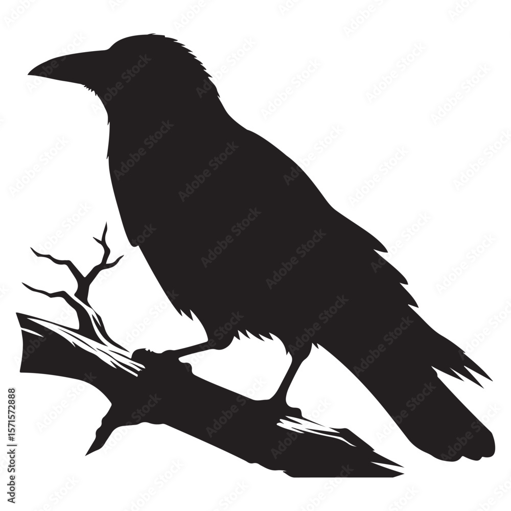 Fototapeta premium Crow sitting on dry tree branch silhouette isolated on white background. Icon vector illustration design.