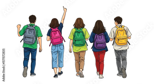 Group of students walking with backpacks back to school concept illustration vector art design image