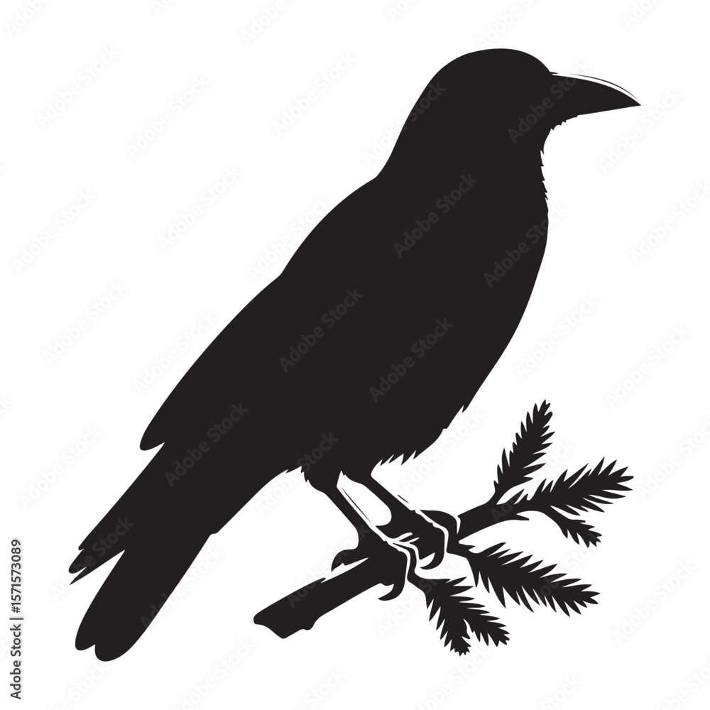 Fototapeta premium Crow sitting on dry tree branch silhouette isolated on white background. Icon vector illustration design.