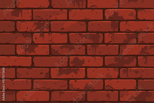 Grunge Red Brick Wall Seamless Pattern. Urban Brickwork Texture. Vintage Grungy Masonry Background. Realistic Red Bricks. Construction Material. Vector Illustration. Building Facade Design