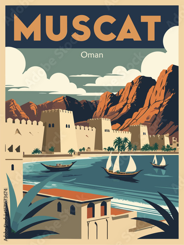 Retro travel poster of Muscat, Oman in Mid-Century Modern style. Vibrant coastal cityscape with traditional architecture, palm trees, and bold vintage design perfect for wall art and tourism.