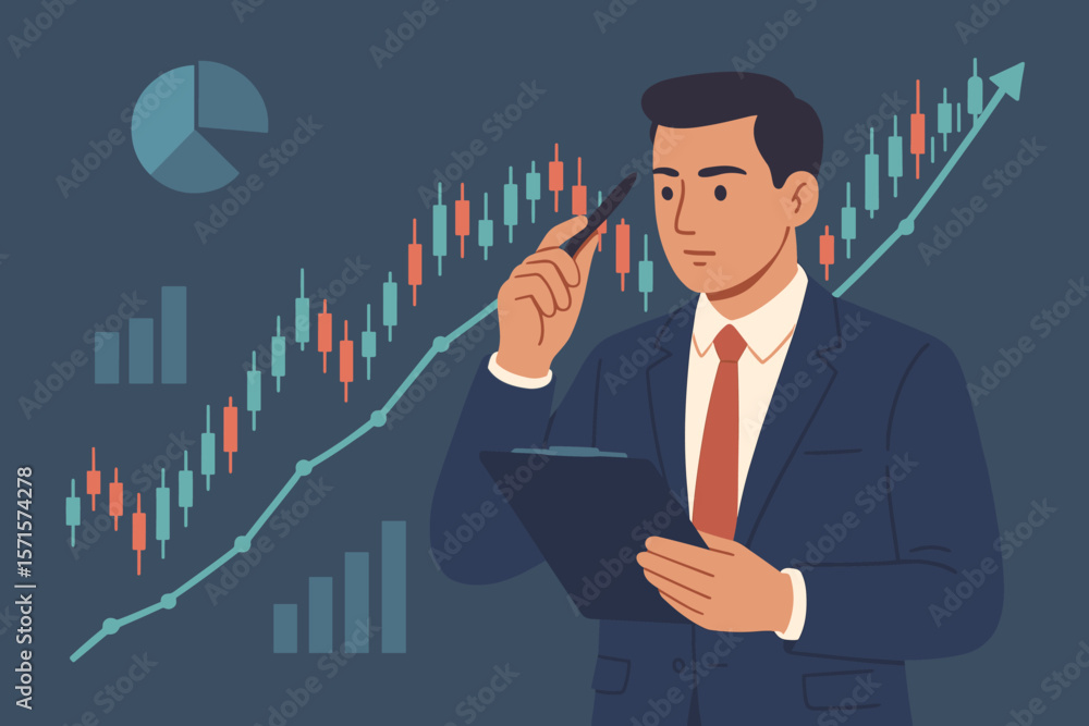 Businessman analyzing stock market trends, financial data, candlestick chart, investment growth, stock trading, economic analysis, virtual screen, finance, stock exchange concept Businessman analyzing stock market trends, financial data, candlestick chart, investment growth, stock trading, economic analysis, virtual screen, finance, stock exchange concept