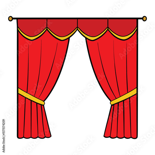 Red velvet theater curtains closed, draping gracefully with soft folds, hiding the stage in mystery as warm lights cast a subtle glow on the deep crimson fabric.
