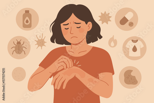 Woman scratching itchy rash on hand. Skin irritation, allergy, dermatitis, eczema, dry skin, insect bite, chemical reaction, detergent allergy, healthcare medical concept illustration