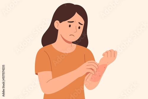 Woman Scratching Itchy Rash on Arm. Skin Allergy, Dermatitis, Eczema, Irritation, Dry Skin, Allergic Reaction, Chemical Sensitivity, Insect Bite, Healthcare, Medical Concept Illustration