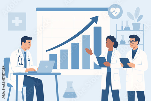 Medical Data Growth, Healthcare Business Analytics, Doctors Teamwork, Hospital Research, Laboratory Innovation, Clinical Development, Health Statistics, Professional Medicine