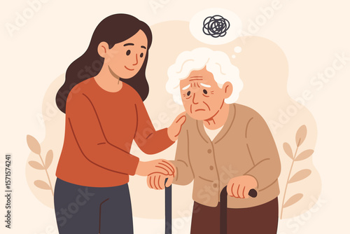 Elderly care support concept. Daughter helping senior mother with Alzheimer’s disease, memory loss, dementia. Family caregiver comforting confused old woman. Medical health care illustration.