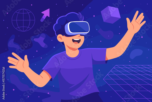 Immersive Virtual Reality Experience, Futuristic Technology, 3D Simulation, Augmented Reality, Digital Innovation, Interactive Metaverse, Modern Vector Illustration, Tech Exploration