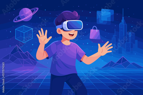 Immersive Virtual Reality Experience, Futuristic Metaverse Technology, Augmented Reality Interaction, Digital Shopping, 3D Space Exploration, Modern Vector Illustration