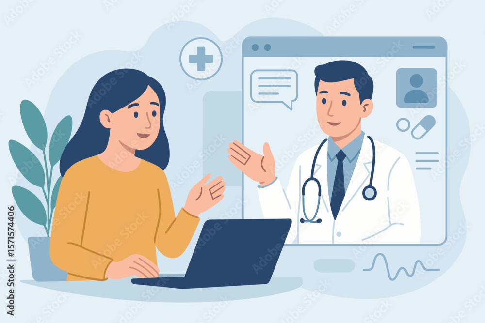 Telemedicine Consultation, Online Doctor Visit, Virtual Healthcare Communication, Patient and Physician Video Call, Remote Medical Advice, Digital Health Service, Modern Vector Illustration Telemedicine Consultation, Online Doctor Visit, Virtual Healthcare Communication, Patient and Physician Video Call, Remote Medical Advice, Digital Health Service, Modern Vector Illustration