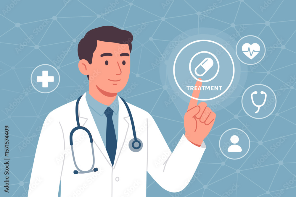 Medical doctor with stethoscope interacting with digital healthcare interface, selecting treatment icon, online medicine, telemedicine technology, healthcare network, virtual health Medical doctor with stethoscope interacting with digital healthcare interface, selecting treatment icon, online medicine, telemedicine technology, healthcare network, virtual health