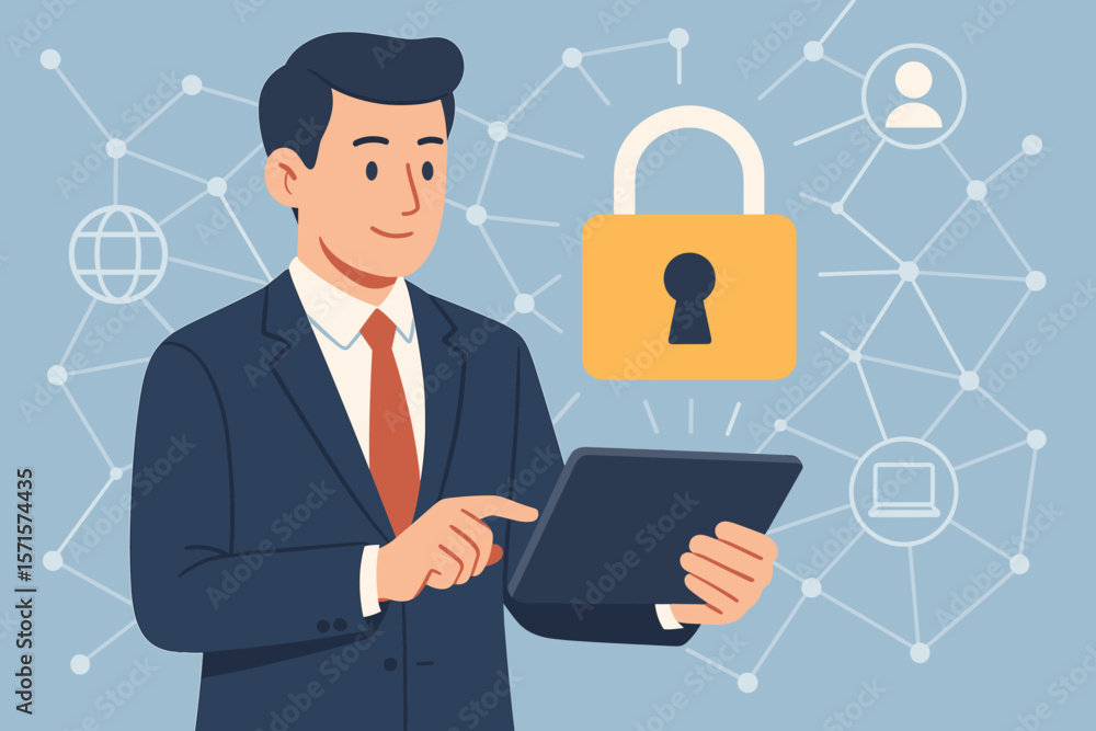 Businessman using tablet with padlock icon, secure internet network, cybersecurity, data protection, privacy, personal information safety, digital security technology concept Businessman using tablet with padlock icon, secure internet network, cybersecurity, data protection, privacy, personal information safety, digital security technology concept