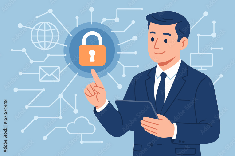 Businessman Using Tablet for Cybersecurity, Data Protection, Privacy, Secure Network, Internet Safety, Padlock Icon, Information Security, Digital Technology Concept Businessman Using Tablet for Cybersecurity, Data Protection, Privacy, Secure Network, Internet Safety, Padlock Icon, Information Security, Digital Technology Concept