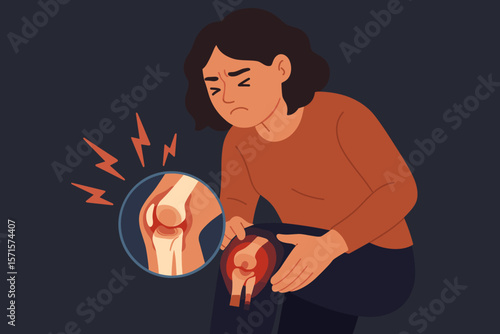 Knee Pain Osteoarthritis Concept. Joint Inflammation, Rheumatoid Arthritis, Tendon Injury, Sore Knee, Painful Movement, Medical Illustration, Flat Vector, Anatomy, Health Problem, Dark Background