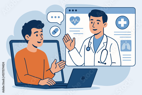 Telemedicine Consultation, Online Doctor Visit, Virtual Healthcare Communication, Patient and Physician Video Call, Digital Medical Advice, Remote Health Service, Modern Vector Illustration