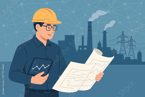 Industrial engineer with safety helmet analyzing blueprints and digital data at power plant, energy facility, network technology, engineering project, electricity, infrastructure