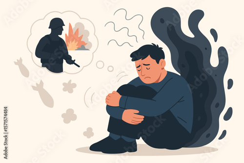 Post-Traumatic Stress Disorder PTSD Concept, Soldier War Flashback, Anxiety Depression, Mental Health Crisis, Trauma, Veteran, Fear, Combat Memory, Psychological Distress, Vector Illustration