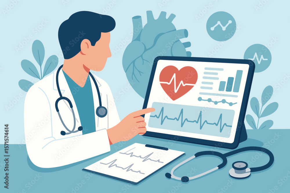Cardiologist doctor analyzing heart disease data on digital tablet, healthcare technology, stethoscope, heartbeat report, medical diagnosis, modern hospital concept Cardiologist doctor analyzing heart disease data on digital tablet, healthcare technology, stethoscope, heartbeat report, medical diagnosis, modern hospital concept
