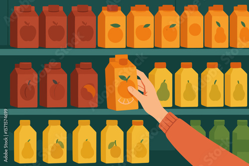 Hand Selecting Orange Juice Carton from Supermarket Shelf, Fruit Juice Variety, Flat Vector Illustration, Grocery Shopping, Beverage Choice, Healthy Lifestyle, Modern Retail Concept
