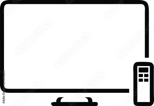 Smart TV and Remote Control Icon, Simple Black Line Art Design, Modern Flat Style Illustration
