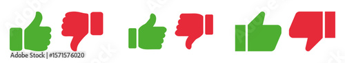 Thumbs up and thumbs down icons in green and red. Perfect for voting, feedback, reactions, approval, ratings, reviews, social media, and user interface components.