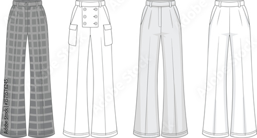 Flat vector CAD drawing of stylish wide-leg women’s pants with various pocket, button, pleat, and pattern design details