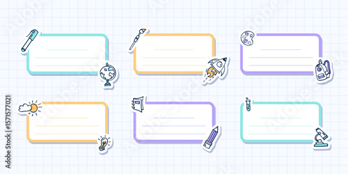 Set of colorful school themed labels with doodle school supplies and lined space for text. Hand drawn educational templates for notebook, stickers, planners, kids tags etc. Vector illustration.