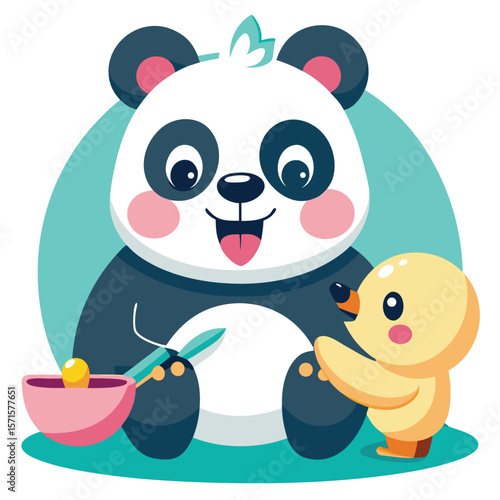 Adorable Panda and Chick Morning Toothbrush Routine Illustration