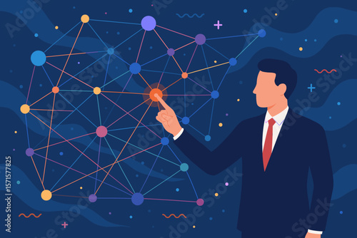 Businessman touching a multi-color digital network connection. Abstract networking in cyberspace concept. Big data visualization, science, and IoT technology innovation.