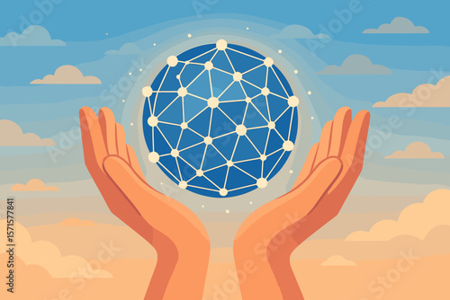 Hands holding global network. Communication technology concept. Internet data sharing. Digital connection. World community. Future innovation. Science abstract. Flat vector.
