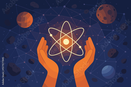 Hands holding glowing atom. Abstract science and physics concept. Nuclear energy research and innovation. Future technology, space exploration with planets and network connection.