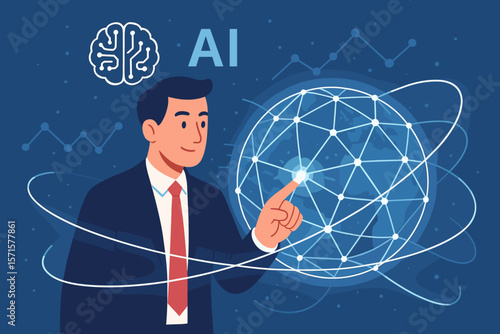AI and machine learning in business. Businessman touches a glowing global network structure. Concept of digital transformation, big data, internet technology, and futuristic communication.