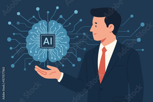 Businessman holding AI digital brain. Artificial intelligence, machine learning, data network concept. Technology innovation for business support, neural network, and big data analysis.