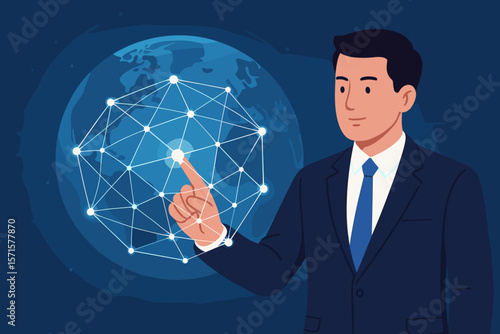 AI, machine learning concept. Businessman touching a global rapid data network connection. Internet and digital technology, fast communication and information technology vector.
