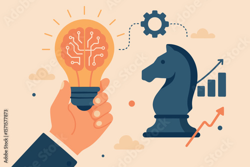 AI and machine learning for business strategy. Hand holding light bulb with circuit brain. Innovation, creative idea, planning, and growth metaphor with chess knight and chart.