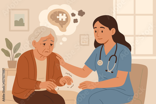 Alzheimer's disease and Parkinson's concept. Sad senior woman with dementia and memory loss. Doctor or nurse providing support. Brain puzzle metaphor. Home care illustration.