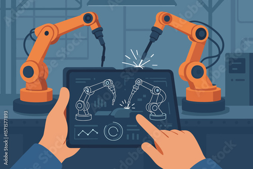 Augmented reality in industry. Hand holds tablet with AR app to control welding robotics. Smart factory automation and Industry 4.0 concept for automotive manufacturing.